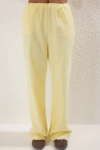 TRENDYOLMİLLA Yellow with bow linen look Blouse Ve Wide Leg Pants Weaving Bottom - Top Set - Image 3