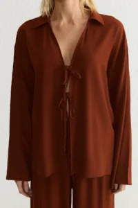 TRENDYOLMİLLA Brick Rejection Oversized Front tied up Blouse And Wide Leg Pants Weaving Top and Bottom Set - Image 3