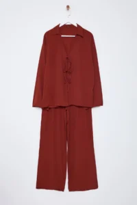 TRENDYOLMİLLA Brick Rejection Oversized Front tied up Blouse And Wide Leg Pants Weaving Top and Bottom Set - Image 6