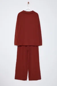 TRENDYOLMİLLA Brick Rejection Oversized Front tied up Blouse And Wide Leg Pants Weaving Top and Bottom Set - Image 9