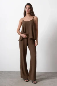 TRENDYOLMİLLA Brown Sleeveless Weaving Blouse Weaving Top and Bottom Set - Image 5