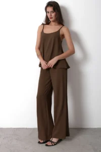 TRENDYOLMİLLA Brown Sleeveless Weaving Blouse Weaving Top and Bottom Set - Image 6