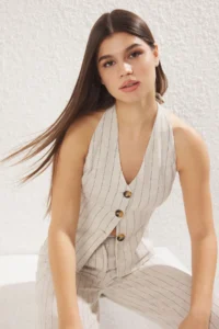 TRENDYOLMİLLA Beige linen look Striped Open Back Vest & Wide Leg Pants Weaving Top and Bottom Set - Image 2