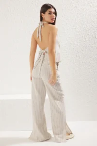 TRENDYOLMİLLA Beige linen look Striped Open Back Vest & Wide Leg Pants Weaving Top and Bottom Set - Image 3