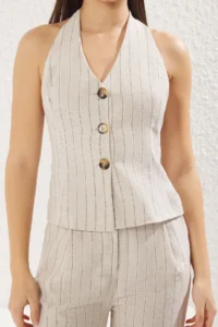 TRENDYOLMİLLA Beige linen look Striped Open Back Vest & Wide Leg Pants Weaving Top and Bottom Set - Image 4