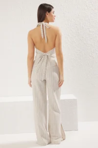 TRENDYOLMİLLA Beige linen look Striped Open Back Vest & Wide Leg Pants Weaving Top and Bottom Set - Image 6