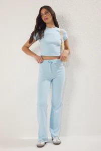 TRENDYOLMİLLA Light Blue Fitted Flexible Knitting Top and Bottom Set