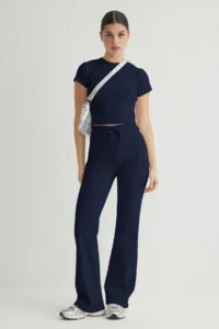 TRENDYOLMİLLA Navy Blue Fitted Flexible Knitting Top and Bottom Set