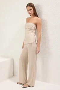 TRENDYOLMİLLA Beige linen look Strapless Blouse and Pants Weaving Top and Bottom Set