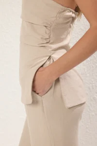 TRENDYOLMİLLA Beige linen look Strapless Blouse and Pants Weaving Top and Bottom Set - Image 3