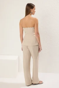 TRENDYOLMİLLA Beige linen look Strapless Blouse and Pants Weaving Top and Bottom Set - Image 4