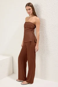 TRENDYOLMİLLA Brown linen look Strapless Blouse and Pants Weaving Top and Bottom Set