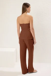 TRENDYOLMİLLA Brown linen look Strapless Blouse and Pants Weaving Top and Bottom Set - Image 4