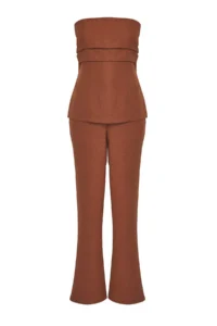 TRENDYOLMİLLA Brown linen look Strapless Blouse and Pants Weaving Top and Bottom Set - Image 5