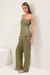 TRENDYOLMİLLA Khaki linen look Strapless Blouse and Pants Weaving Top and Bottom Set