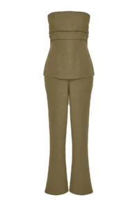 TRENDYOLMİLLA Khaki linen look Strapless Blouse and Pants Weaving Top and Bottom Set - Image 4