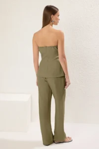 TRENDYOLMİLLA Khaki linen look Strapless Blouse and Pants Weaving Top and Bottom Set - Image 5