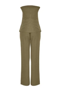 TRENDYOLMİLLA Khaki linen look Strapless Blouse and Pants Weaving Top and Bottom Set - Image 6