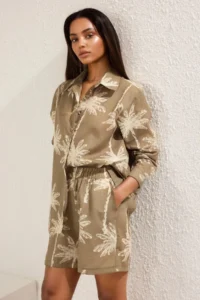 TRENDYOLMİLLA Khaki linen look Oversized Shirt and Shorts Weaving Top and Bottom Set