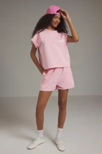 TRENDYOLMİLLA Pink relaxed/Rahat Pattern Slogan Printed T-Shirt Shorts Knitting Top and Bottom Set