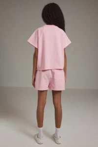 TRENDYOLMİLLA Pink relaxed/Rahat Pattern Slogan Printed T-Shirt Shorts Knitting Top and Bottom Set - Image 4