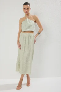 TRENDYOLMİLLA Green Patterned Blouse Midi Skirt Viscose Weaving Top and Bottom Set