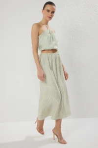 TRENDYOLMİLLA Green Patterned Blouse Midi Skirt Viscose Weaving Top and Bottom Set - Image 3