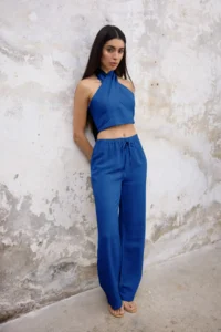 TRENDYOLMİLLA Indigo Linen Content Weaving Blouse Pants Top and Bottom Set