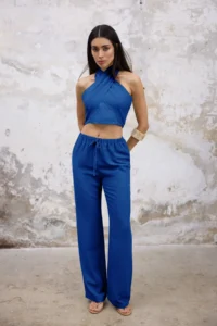 TRENDYOLMİLLA Indigo Linen Content Weaving Blouse Pants Top and Bottom Set - Image 2