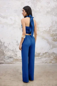 TRENDYOLMİLLA Indigo Linen Content Weaving Blouse Pants Top and Bottom Set - Image 4