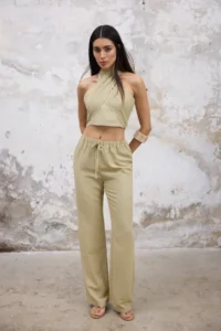 TRENDYOLMİLLA Light Khaki Linen Content Weaving Blouse Pants Top and Bottom Set