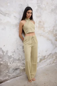 TRENDYOLMİLLA Light Khaki Linen Content Weaving Blouse Pants Top and Bottom Set - Image 2
