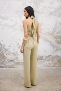 TRENDYOLMİLLA Light Khaki Linen Content Weaving Blouse Pants Top and Bottom Set - Image 4