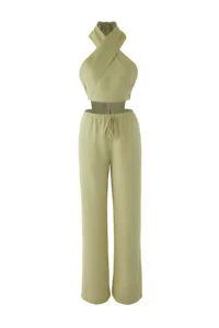TRENDYOLMİLLA Light Khaki Linen Content Weaving Blouse Pants Top and Bottom Set - Image 5
