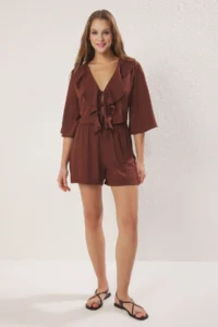 TRENDYOLMİLLA Brown Frilly Krinkle Weaving Binding Detailed Blouse Shorts Top and Bottom Set - Image 2