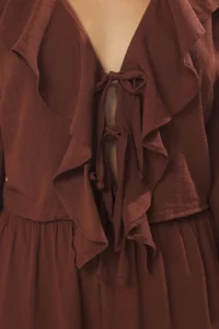 TRENDYOLMİLLA Brown Frilly Krinkle Weaving Binding Detailed Blouse Shorts Top and Bottom Set - Image 3
