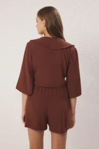 TRENDYOLMİLLA Brown Frilly Krinkle Weaving Binding Detailed Blouse Shorts Top and Bottom Set - Image 4