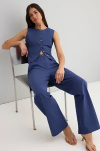 TRENDYOLMİLLA Indigo Gabardine Cotton Vest Wide Leg Pants Weaving Top and Bottom Set