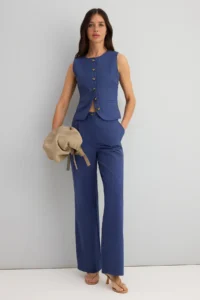 TRENDYOLMİLLA Indigo Gabardine Cotton Vest Wide Leg Pants Weaving Top and Bottom Set - Image 2