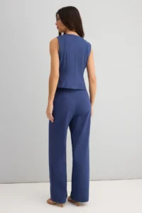 TRENDYOLMİLLA Indigo Gabardine Cotton Vest Wide Leg Pants Weaving Top and Bottom Set - Image 5