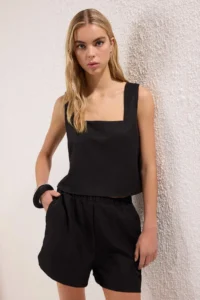 TRENDYOLMİLLA Black linen look Weaving Top and Bottom Set