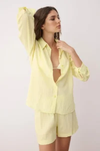 TRENDYOLMİLLA Yellow Kendinden Striped Weaving Shirt Shorts Top and Bottom Set - Image 2