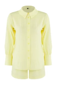 TRENDYOLMİLLA Yellow Kendinden Striped Weaving Shirt Shorts Top and Bottom Set - Image 5