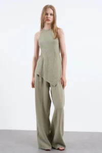 TRENDYOLMİLLA Khaki Sleeveless Blouse and Pants Weaving Bottom - Top Set