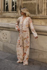 TRENDYOLMİLLA Beige-Multicolored Floral tied up Blouse Elastic Pants Weaving Bottom - Top Set