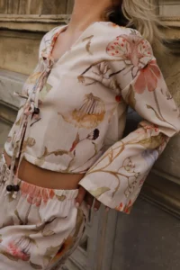 TRENDYOLMİLLA Beige-Multicolored Floral tied up Blouse Elastic Pants Weaving Bottom - Top Set - Image 4