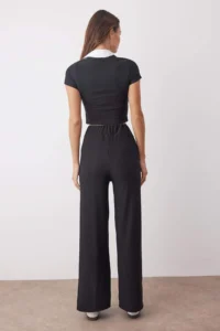 TRENDYOLMİLLA Black Polo Shirt Collar Color Bloklu Blouse Pants Knitting Top and Bottom Set - Image 4