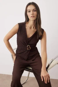 TRENDYOLMİLLA Brown Double breasted Accessory Detailed textured Flexible Knitting Bottom - Top Set