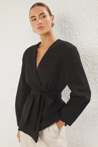TRENDYOLMİLLA Black Double breasted Binding Detailed Weaving Blazer Jacket - Image 2
