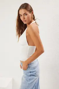 TRENDYOLMİLLA Ecru Shirred Barbell Neck Fitted Flexible Knitting Bodysuit .D.00006 - Image 3